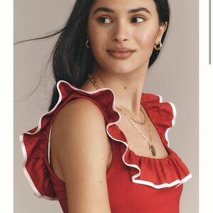 Sunday in Brooklyn Red Ruffle Trim Top